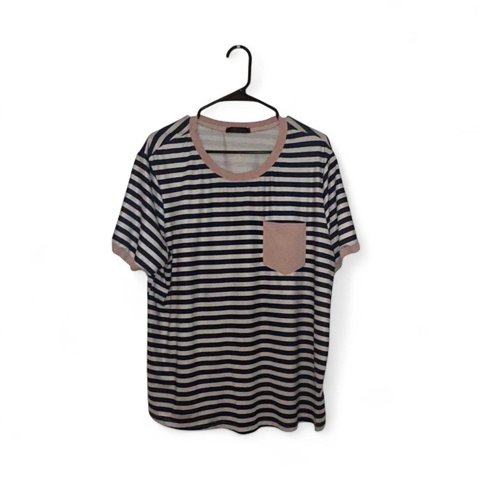 Shein Top Sz 1XL Blue White Striped Stretch Pocket Short Sleeve Lightweight